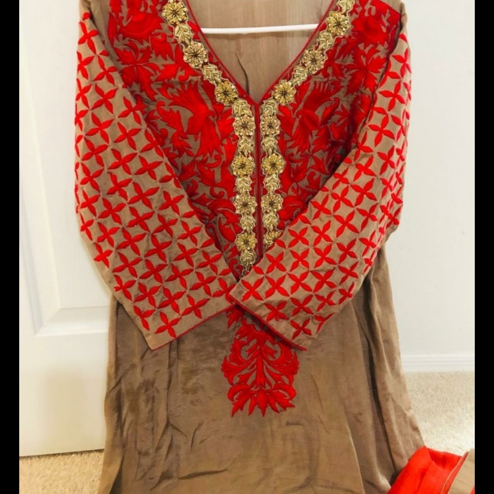 Elegant Red and Brown Embroidered Dress
